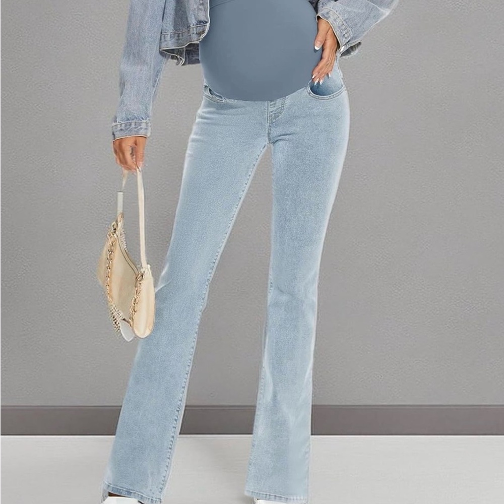 GLAMIX Maternity Stretch Bootcut Jeans Over Belly Flare Denim Pants Pockets